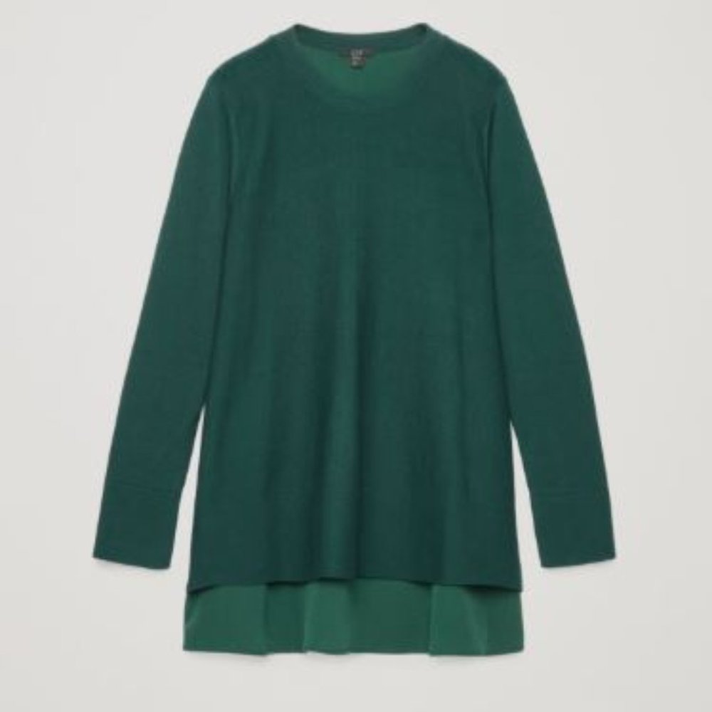 COS knit top with 100% silk back in forest green